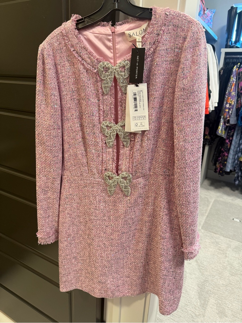 NWT Saloni Camille Bow Dress- Pink Tweed Pearl Bow-Accent Dress